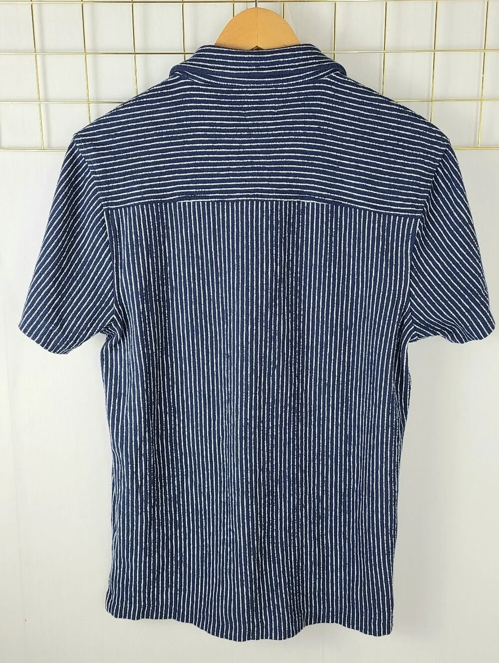 J. Crew Knit Blue Ivory Feeder Stripe Short Sleeve Button-Down Shirt